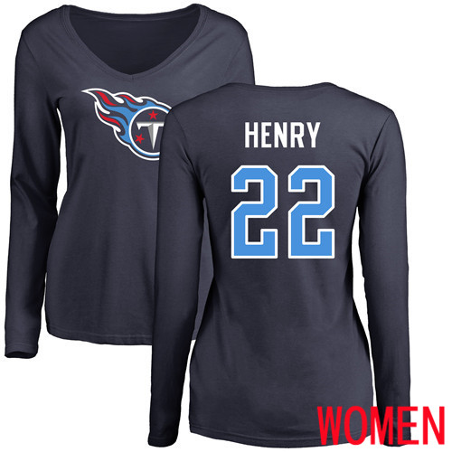 Tennessee Titans Navy Blue Women Derrick Henry Name and Number Logo NFL Football #22 Long Sleeve T Shirt